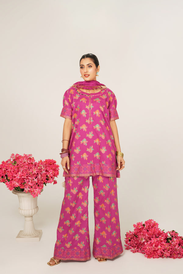 Block Print Boot Cut Trouser Suit Stitched (3PC)